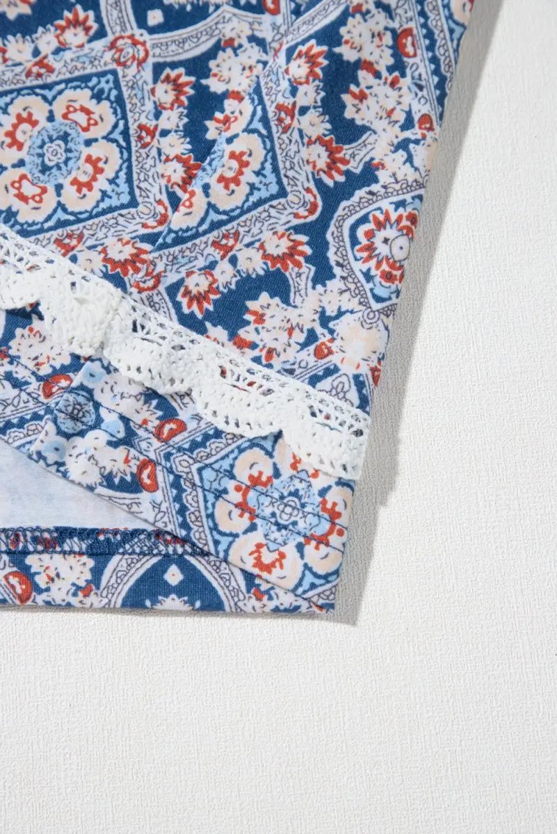 Blue Geometric Printed Lace Patchwork Ric Rac Raglan Top - Love Salve